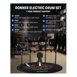 Donner BackBeat 8 Parça LED Aydınlatmalı Elektronik Davul Seti - 2