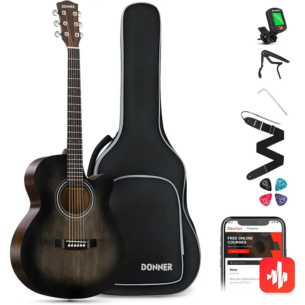 Donner EC2077 Mini Jumbo Cutaway Akustik Gitar Paketi (Transparent Black) - Donner