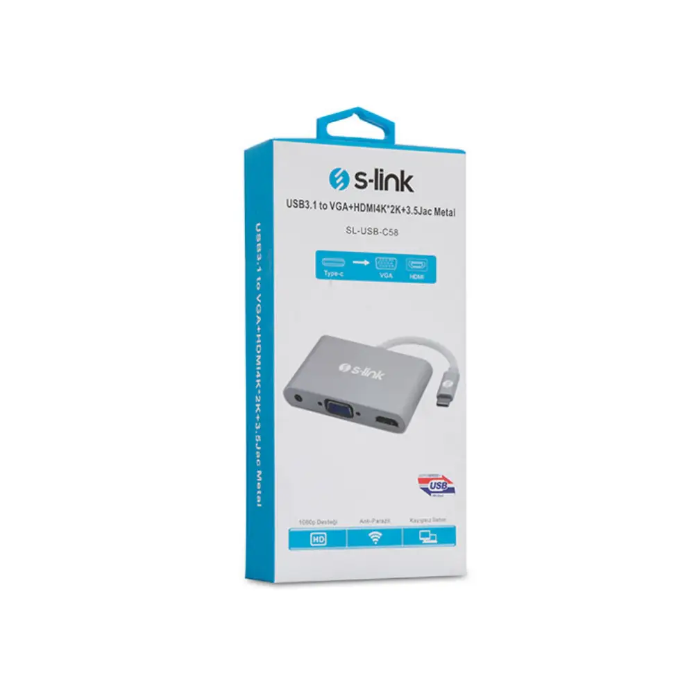 S-link SL-USB-C58 USB3.1 Metal to VGA+HDMI4K*2K+3.5Jac Çevirici - 2